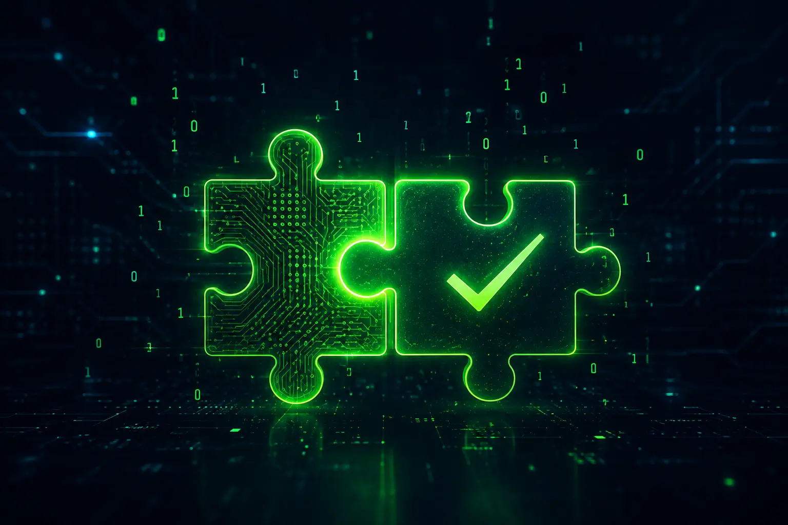Two glowing checksum puzzle pieces fitting together