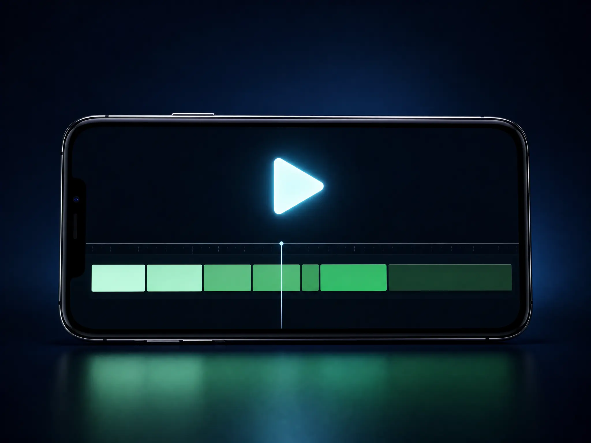 Smartphone screen showing a glowing video editing timeline