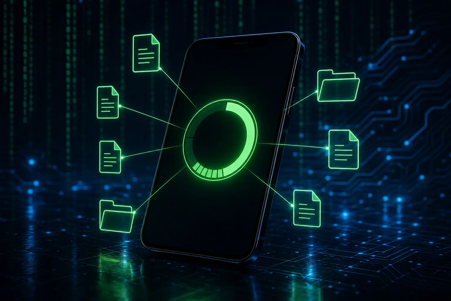 Smartphone storage meter glowing with file icons
