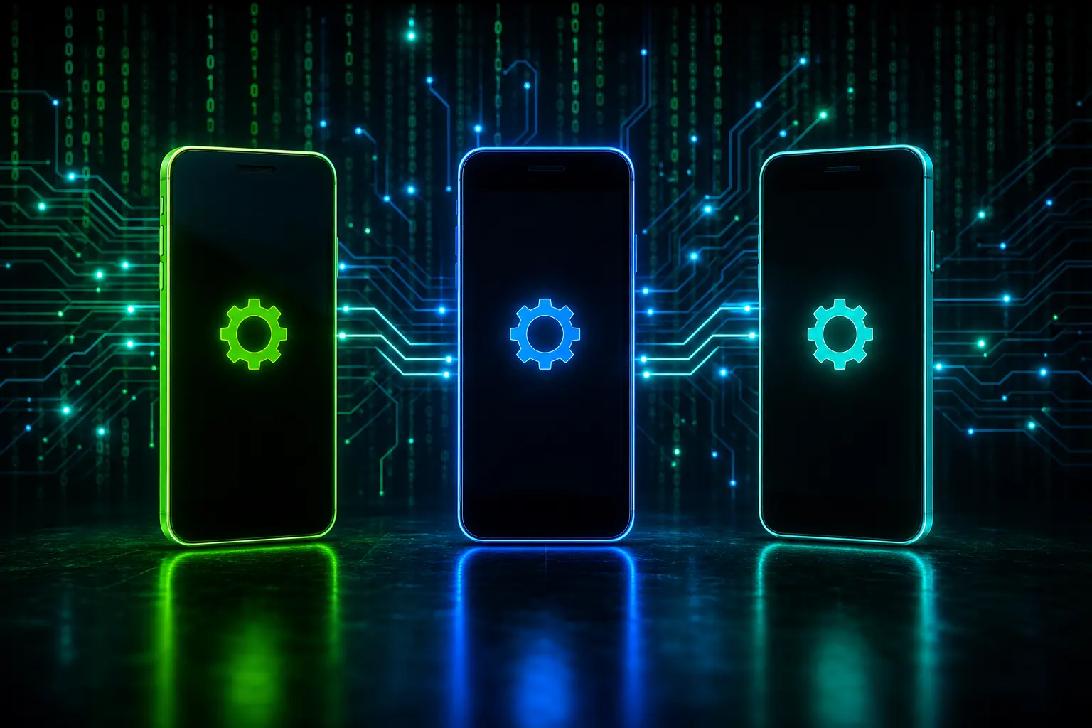 Three smartphone brands shown side by side with settings icons