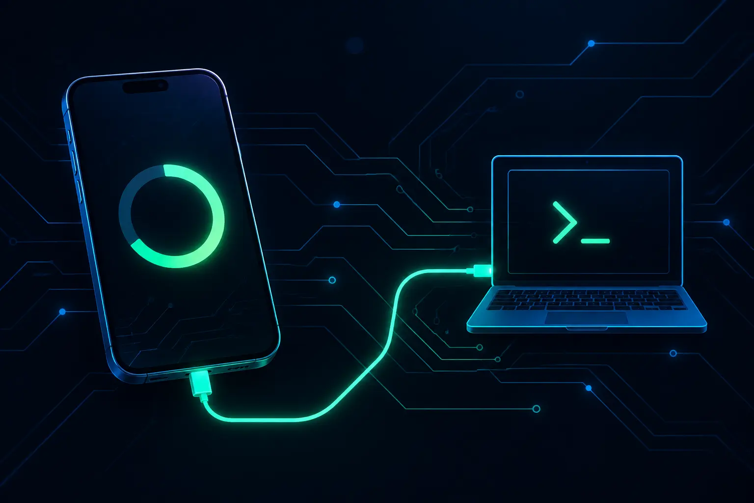 Smartphone connected to a laptop terminal for ADB install