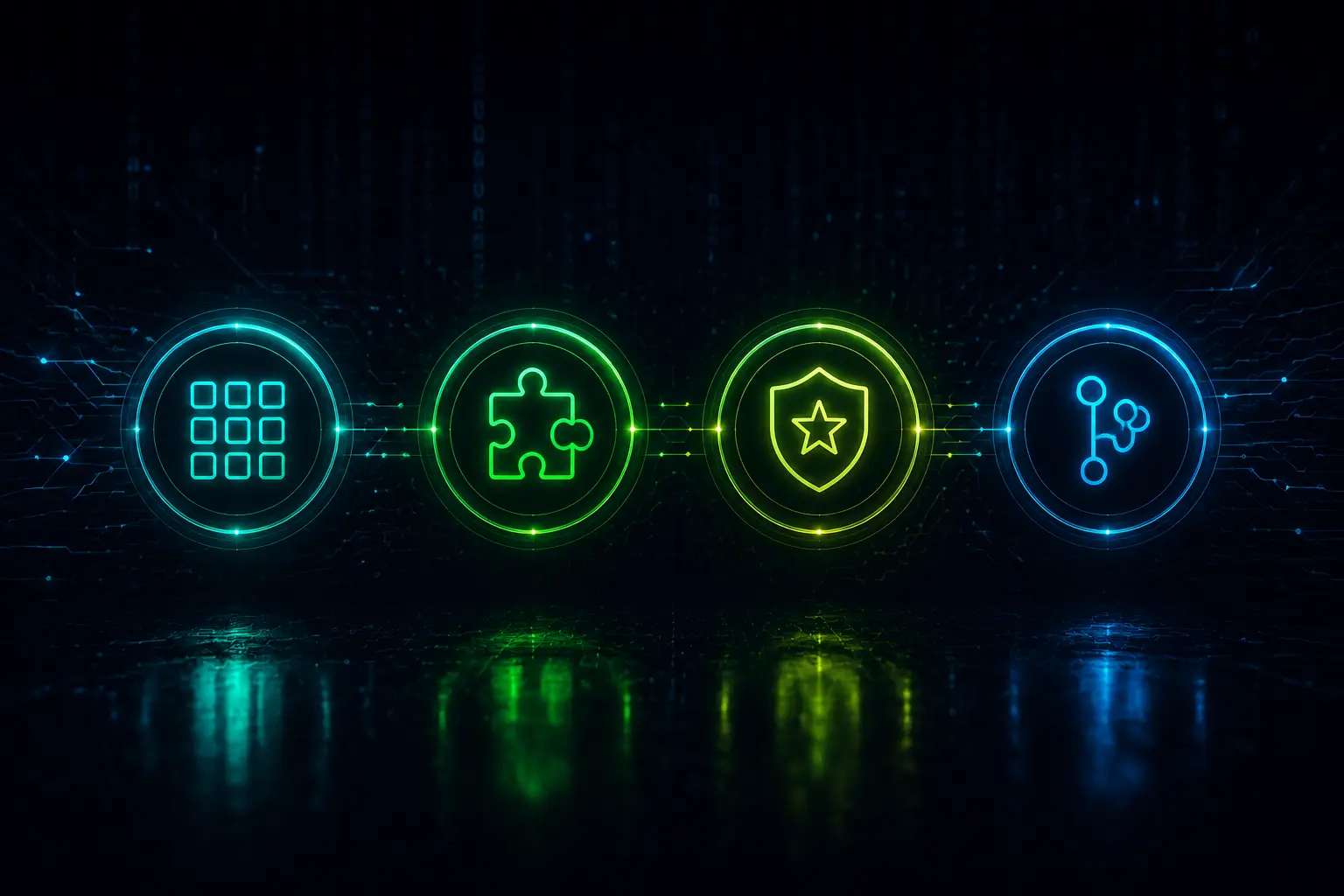 Row of app store badge icons connected by circuit lines