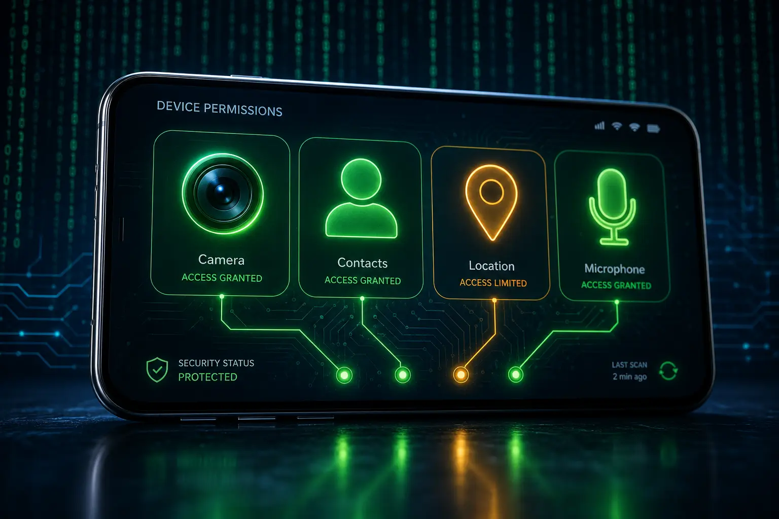 Android permission prompt icons glowing on a smartphone screen