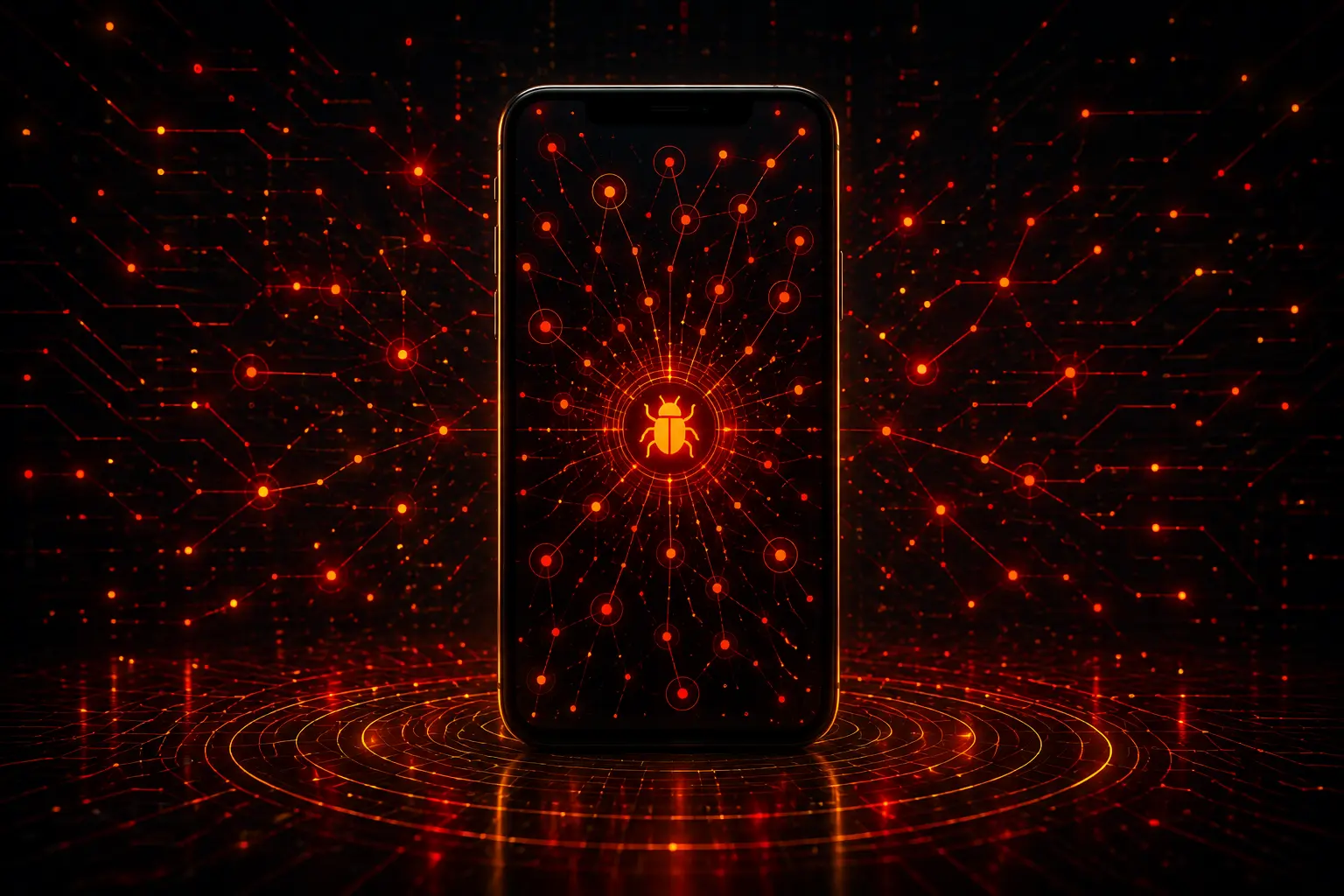 A smartphone screen showing a malware botnet network pattern